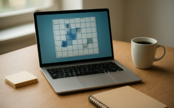 Laptop kantor dengan game browser ringan terbuka di sela jam istirahat