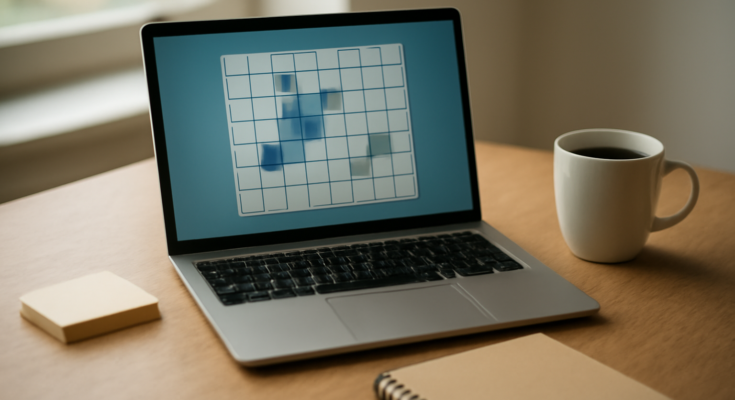 Laptop kantor dengan game browser ringan terbuka di sela jam istirahat