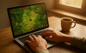 Seseorang bermain game browser gratis di laptop tanpa install di meja kayu