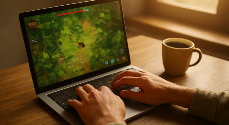 Seseorang bermain game browser gratis di laptop tanpa install di meja kayu