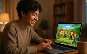 Orang sedang bermain game browser multiplayer di laptop dengan teman secara online