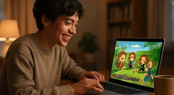 Orang sedang bermain game browser multiplayer di laptop dengan teman secara online