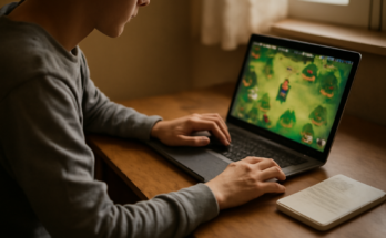 Pemain muda berlatih refleks dengan game browser di laptop sambil mencatat skor di buku