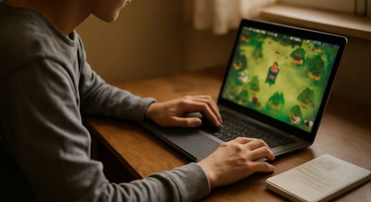 Pemain muda berlatih refleks dengan game browser di laptop sambil mencatat skor di buku