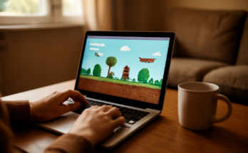 Seseorang memainkan game browser di laptop sambil duduk di ruang tamu