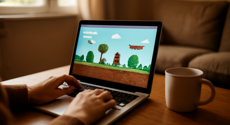 Seseorang memainkan game browser di laptop sambil duduk di ruang tamu
