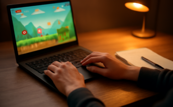 Tangan pemain mengatur tombol keyboard di depan laptop yang menampilkan game browser