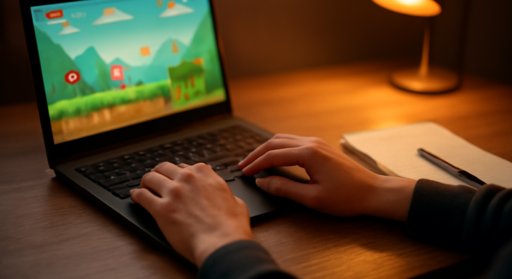 Tangan pemain mengatur tombol keyboard di depan laptop yang menampilkan game browser