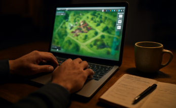 Seseorang mencatat kode simpan sambil memainkan game browser di laptop