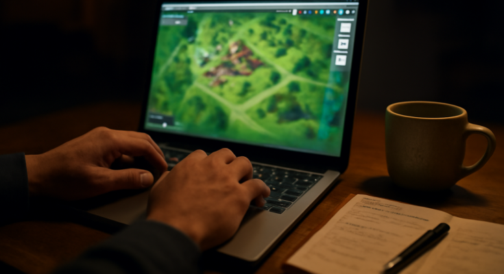 Seseorang mencatat kode simpan sambil memainkan game browser di laptop