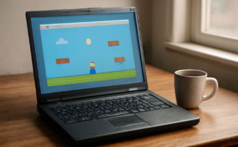 Laptop lama sedang menjalankan game browser ringan di meja kayu