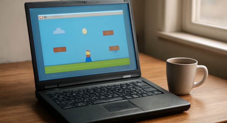Laptop lama sedang menjalankan game browser ringan di meja kayu