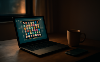 Laptop di meja rumah menampilkan game browser dengan ponsel sebagai hotspot cadangan