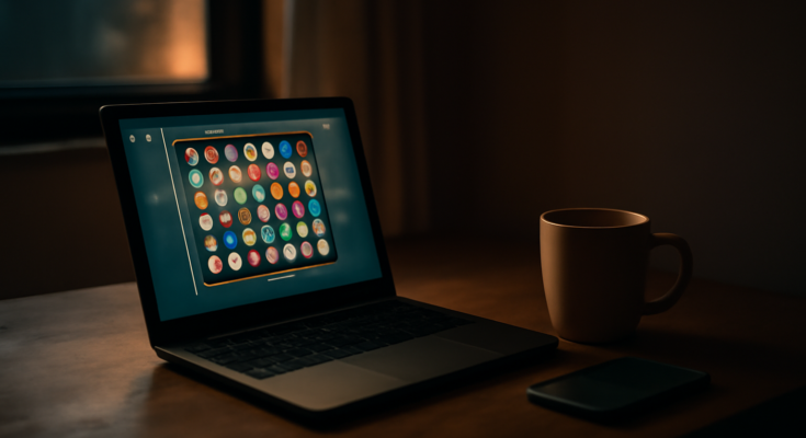 Laptop di meja rumah menampilkan game browser dengan ponsel sebagai hotspot cadangan