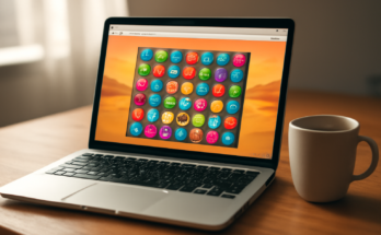 Laptop di meja kayu menampilkan game browser tanpa instalasi di tab peramban