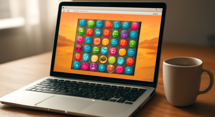Laptop di meja kayu menampilkan game browser tanpa instalasi di tab peramban
