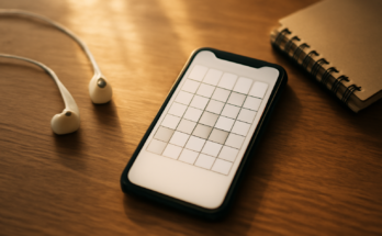 Smartphone di atas meja kayu untuk bermain game browser dengan earphone di sampingnya