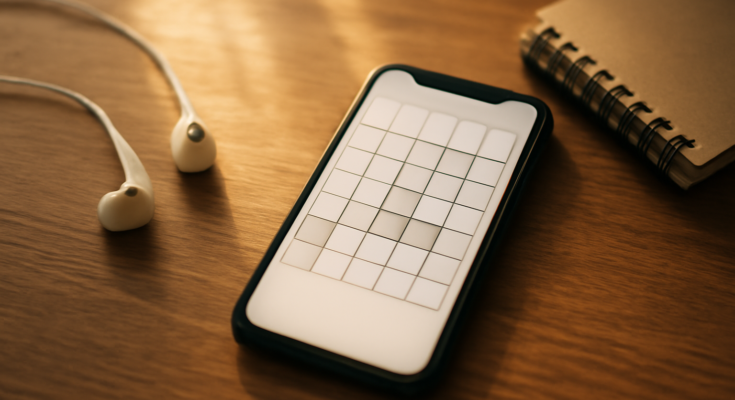 Smartphone di atas meja kayu untuk bermain game browser dengan earphone di sampingnya