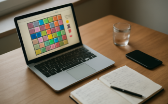 Laptop dan ponsel di meja kayu untuk bermain game browser gratis tanpa akun