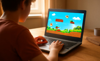 Seseorang memainkan game browser gratis di laptop lama dengan pengaturan grafis rendah