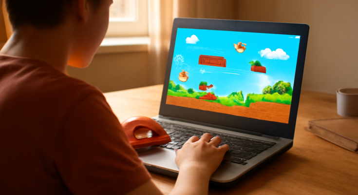 Seseorang memainkan game browser gratis di laptop lama dengan pengaturan grafis rendah