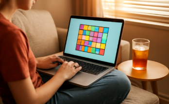 Seseorang bermain game browser di laptop sambil duduk santai di sofa