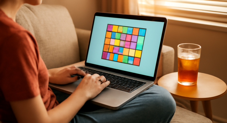 Seseorang bermain game browser di laptop sambil duduk santai di sofa